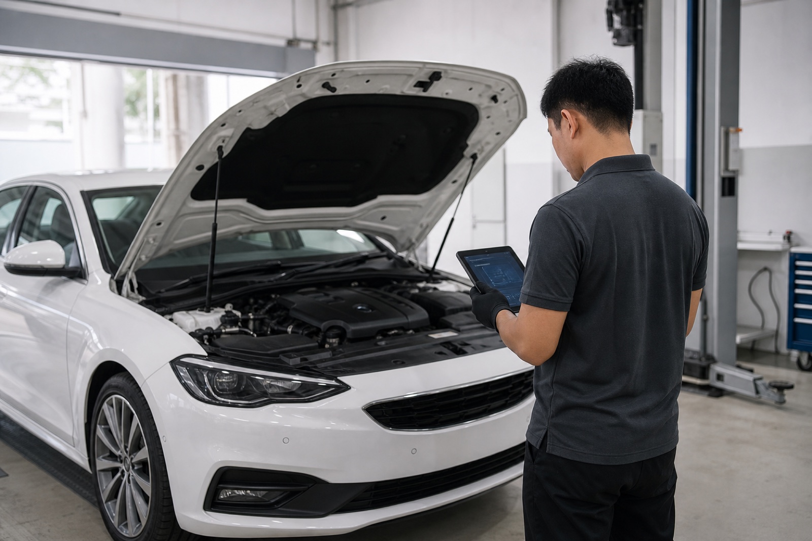 16cars technician inspecting a vehicle with a digital report